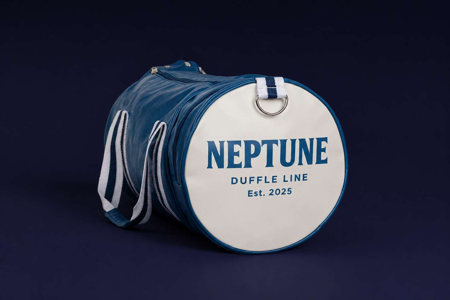 Neptune blue and white duffle bag by Duffle Line, front side view