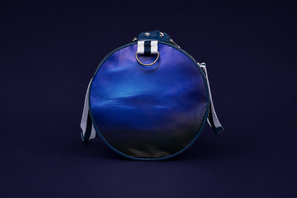 Neptune blue duffle bag end view 